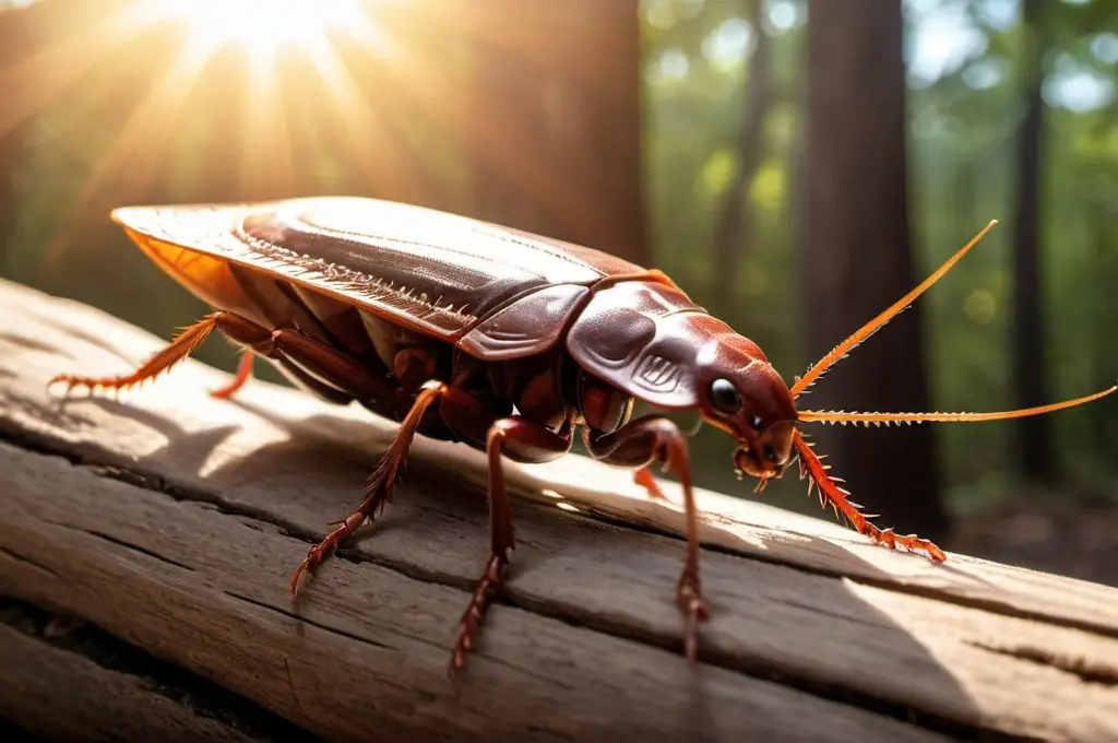 Cockroach on log on a warm sunny day