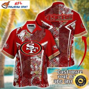 49ers Aloha Shirt – Tropical Red Tiki Leaves With 49ers Emblem