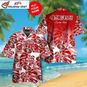 49ers Swirling Logo Red And White Hawaiian Name Shirt