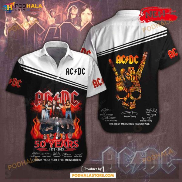 Acdc 50 Years 1973-2023 Thank You For The Memories Signatures White Rock Music Design Hawaiian Shirt