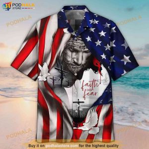 American Faith Over Fear Jesus Under Hawaiian Shirt