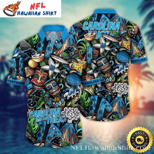 Carolina Panthers Tiki Patterns And Palms Hawaiian Shirt