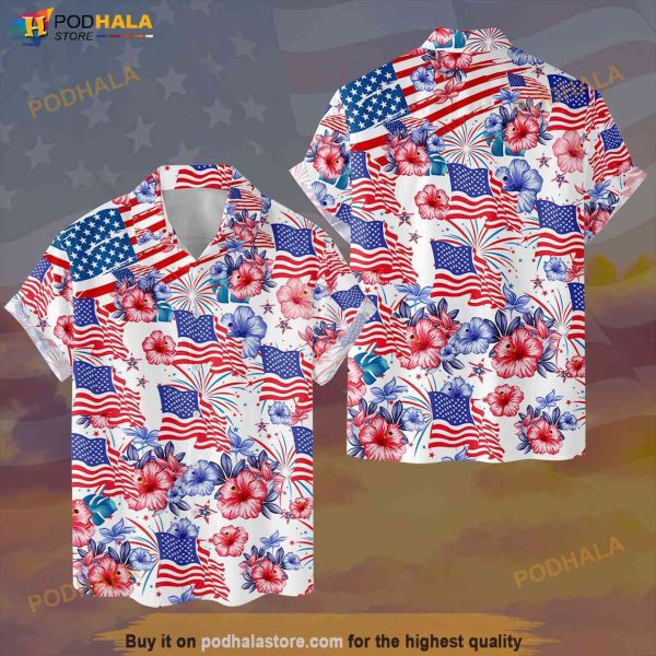 Flower American Flag 4th of July Hawaiian Shirt