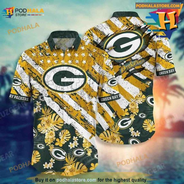 Green Bay Packers NFL Hawaiian Floral Print American Flag Beach Shirting Summer