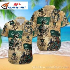 NY Jets Logo Print Hawaiian Shirt – Pirate Skull Adventure Edition