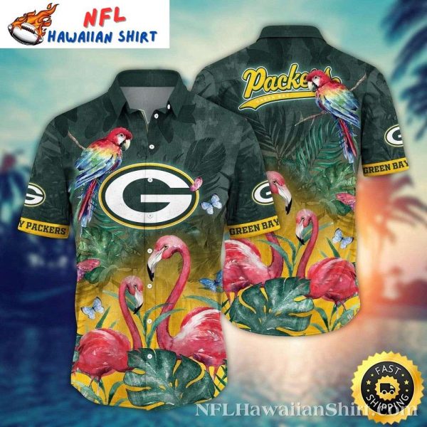 Paradise Play – Green Bay Packers Parrot And Flamingo Hawaiian Shirt