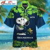 Seahawks Aloha Shirt Adorned With Snoopy Woodstock And Hibiscus Design