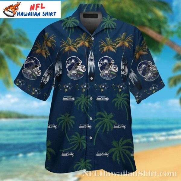 Seahawks Midnight Palms Hawaiian Shirt – Seattle Skyline And Team Helmets