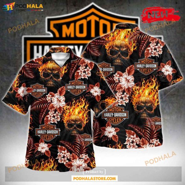 Skull On Fire Hdm Logo Pattern For Summer Hawaiian Shirt