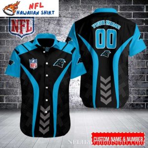 Sleek Black And Cyan Carolina Panthers Tropical Personalized Hawaiian Shirt