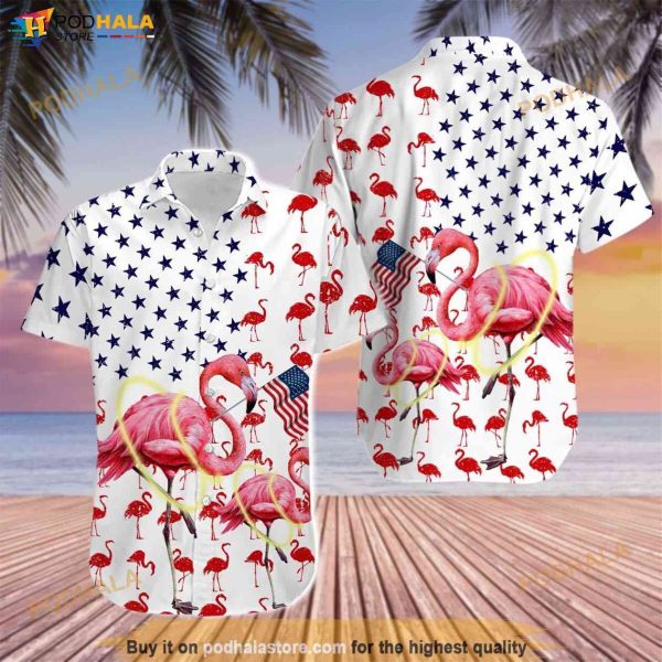 US Flag Flamingo 4th Of July Hawaiian 3D Shirt